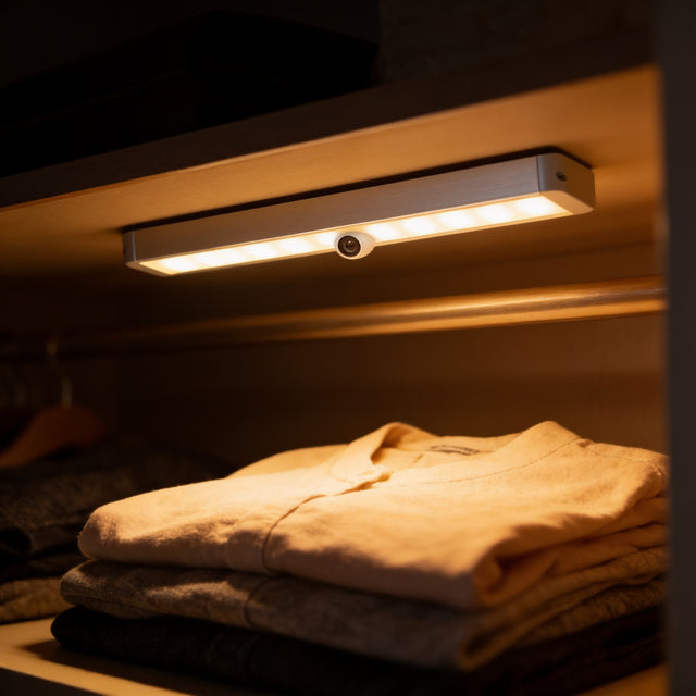 Slim aluminium LED sensor bar lighting folded clothes inside a wardrobe