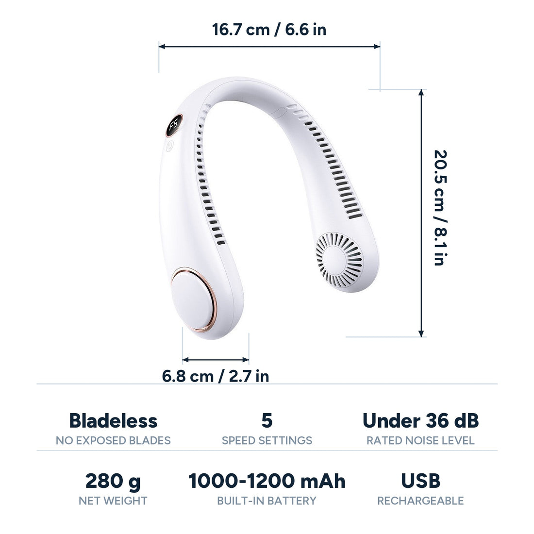Dimensions and specifications: 16.7 x 6.8 x 20.5 cm, bladeless, 5 speeds, under 36 dB, 280 g, 1000-1200 mAh, USB rechargeable