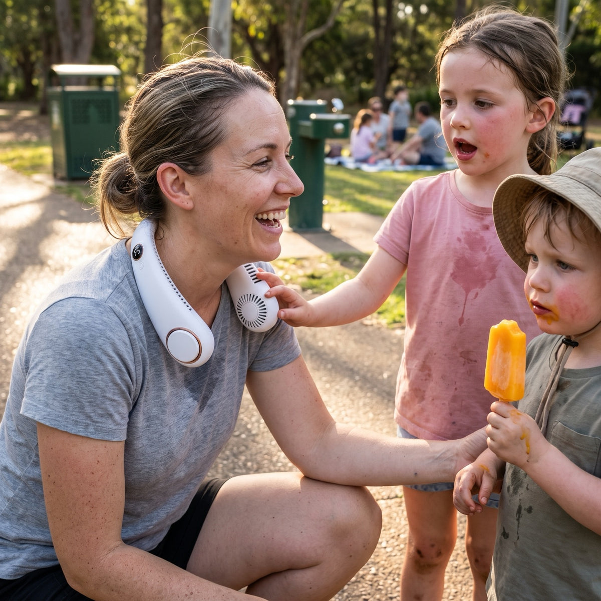 Mother wearing the bladeless neck fan in a park while her daughter safely touches it