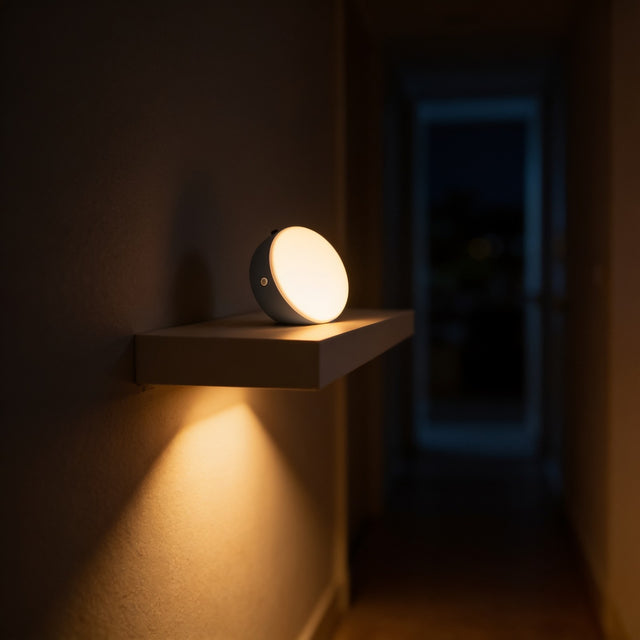 Round rechargeable motion sensor night light glowing on a hallway shelf