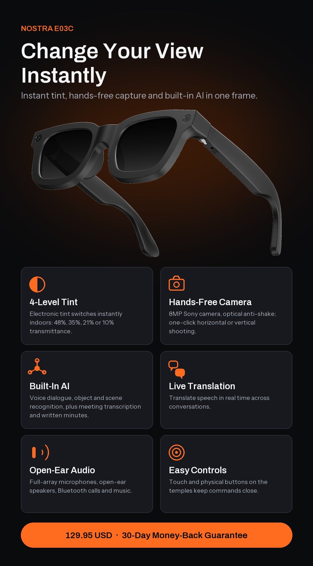Feature overview: 4-level tint, 8MP camera, built-in AI, live translation, open-ear audio, temple controls