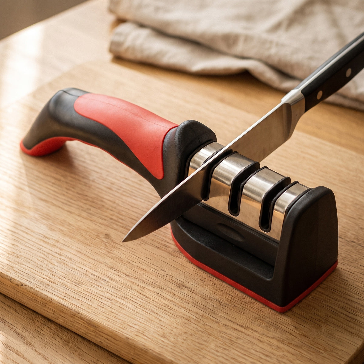 Chef's knife resting in a slot of the handheld three-stage sharpener on a wooden board