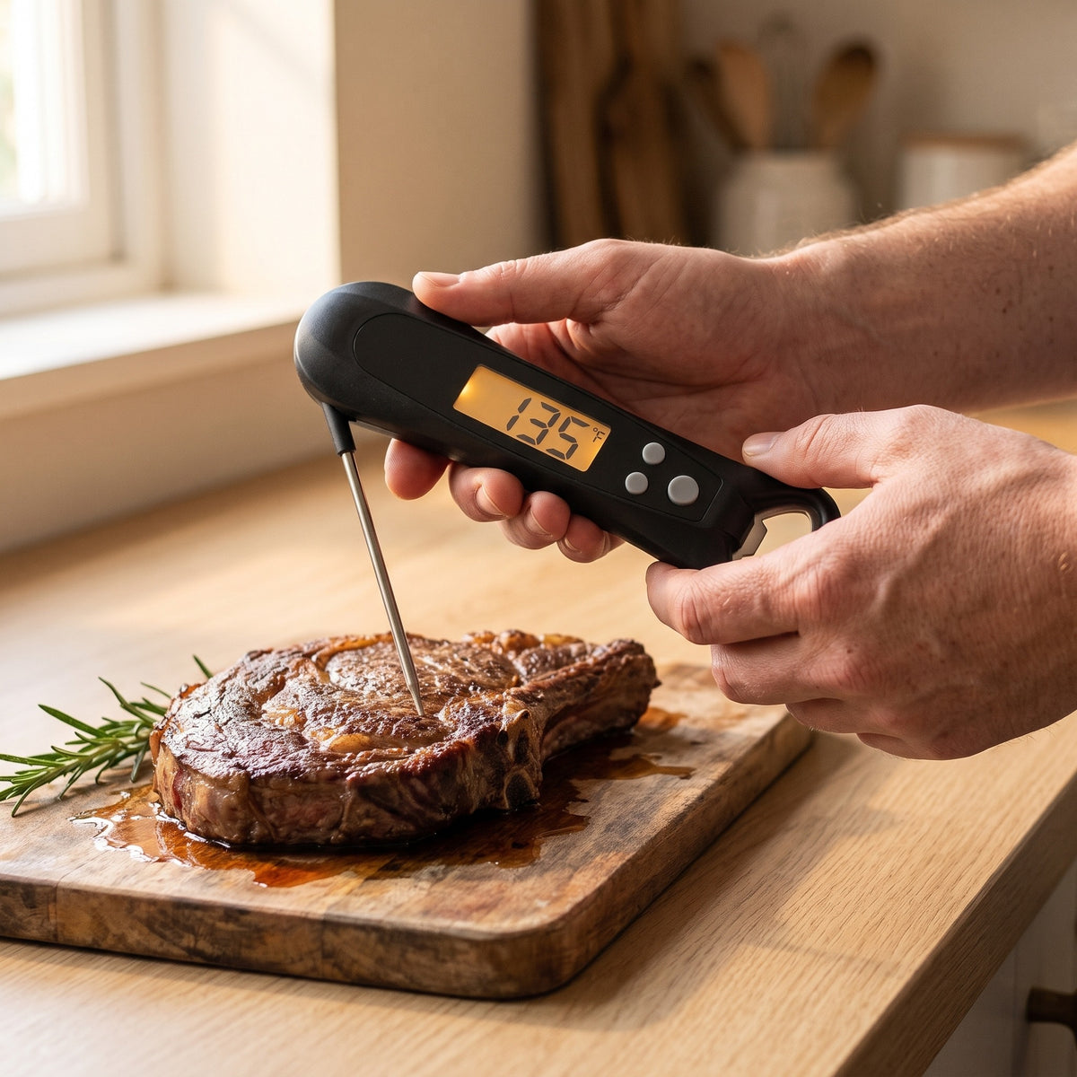 Hand pushing the thermometer probe into a rested seared steak on a wooden board, display reading the temperature