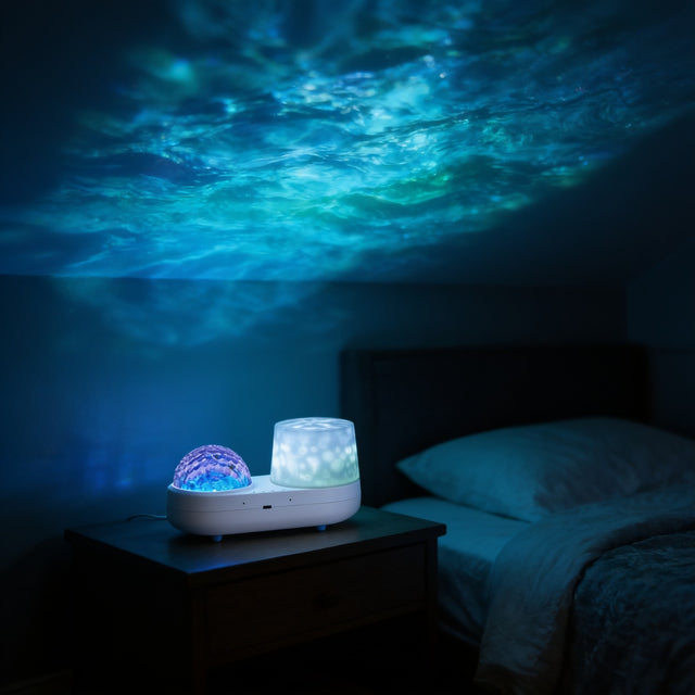Ocean wave projector night light casting rippling blue light across a bedroom ceiling