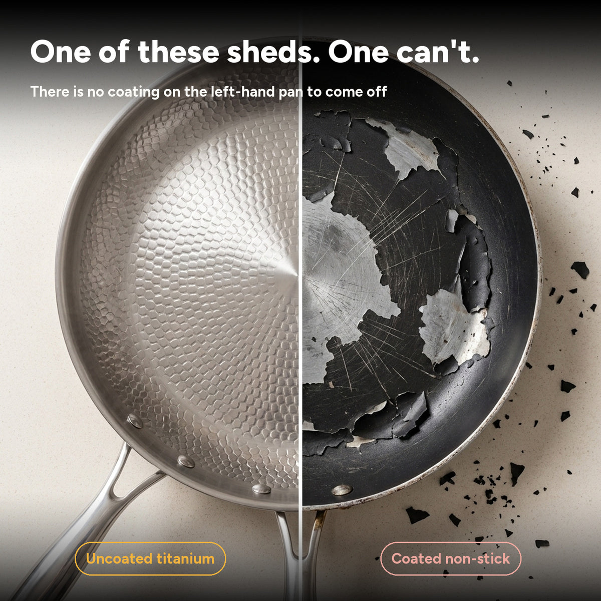 Split frame: the uncoated titanium pan beside a non-stick pan whose black coating is flaking away