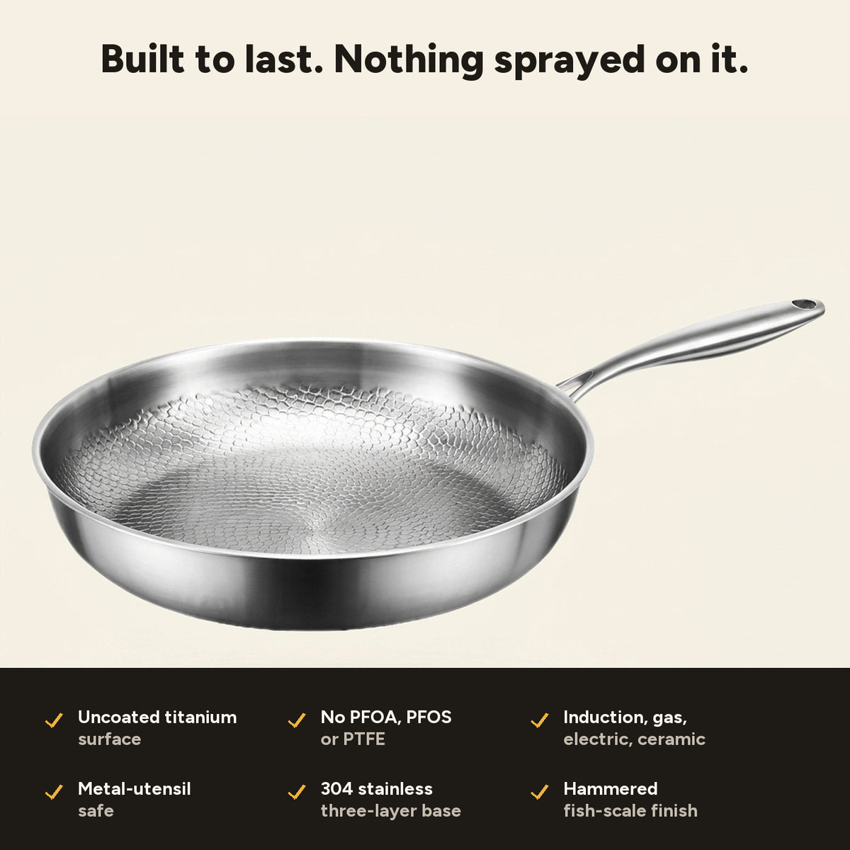 The pan with its six specifications: uncoated titanium surface, no PFOA PFOS or PTFE, all cooktops, metal-utensil safe, 304 stainless base, hammered finish