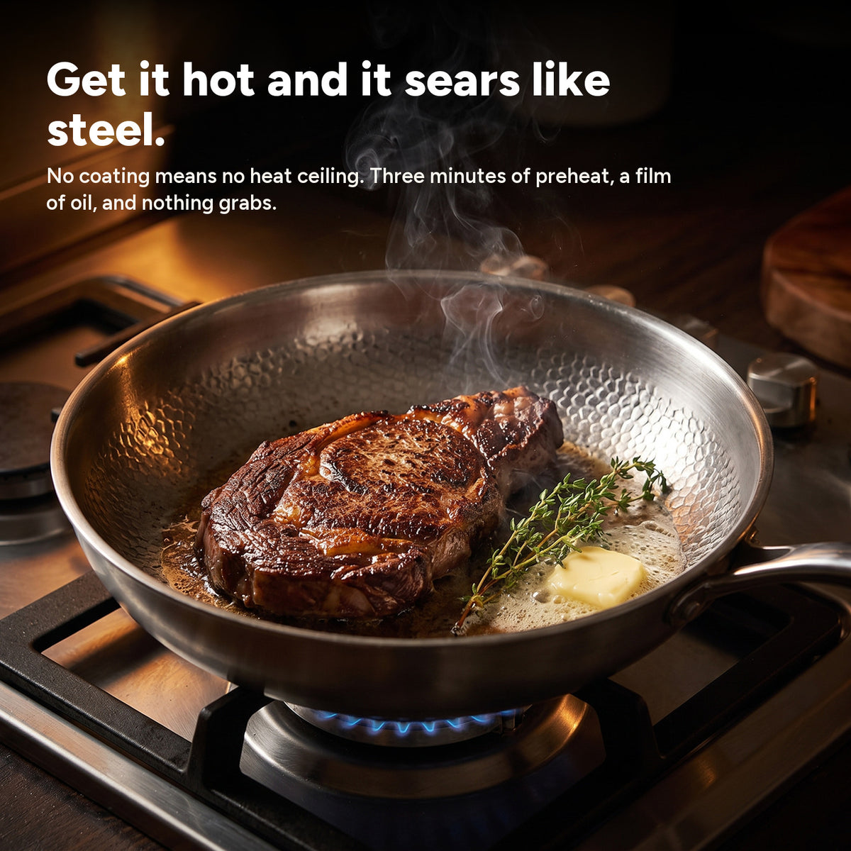 Searing a steak at high heat in the titanium pan