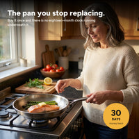 Cooking salmon in the titanium pan at home, with the 30-day money-back seal