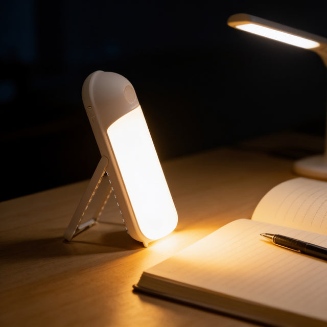 Portable rechargeable LED desk lamp with fold-out stand lighting an open notebook