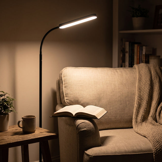 Black LED gooseneck reading floor lamp angled over an armchair with an open book