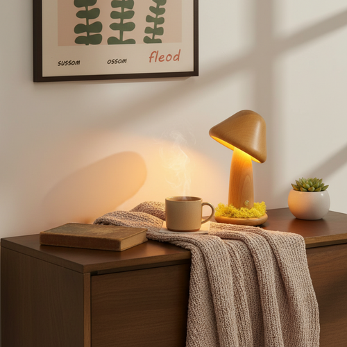 Calm elevated bedside transformation with Art Deco Beech Wood Mushroom Table Lamp v2