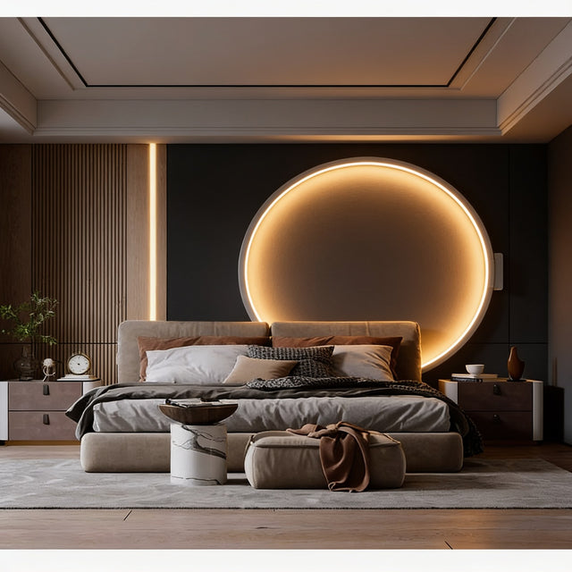 Large glowing LED ring wall light on a feature wall behind a bed