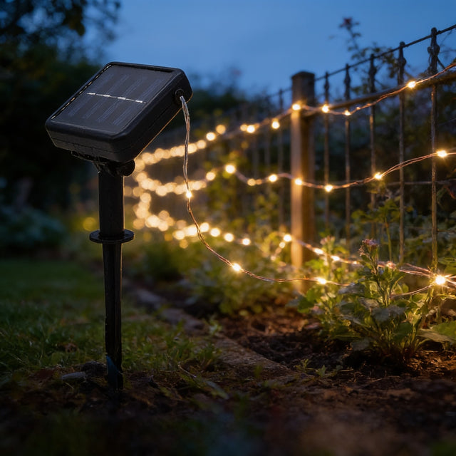 Solar copper wire fairy lights along a garden fence with the solar stake in front