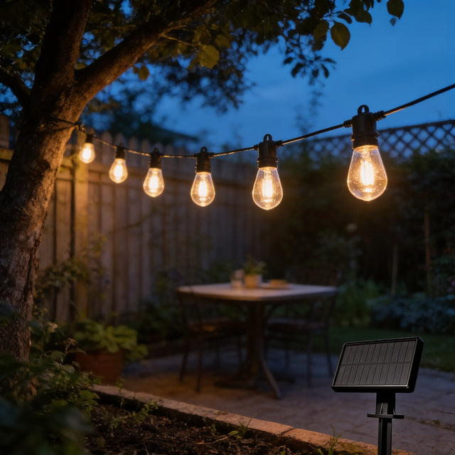 S14 solar string lights over a garden table with the solar panel stake in the border