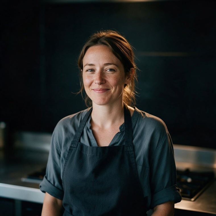 Portrait of a recipe developer in a dark test kitchen