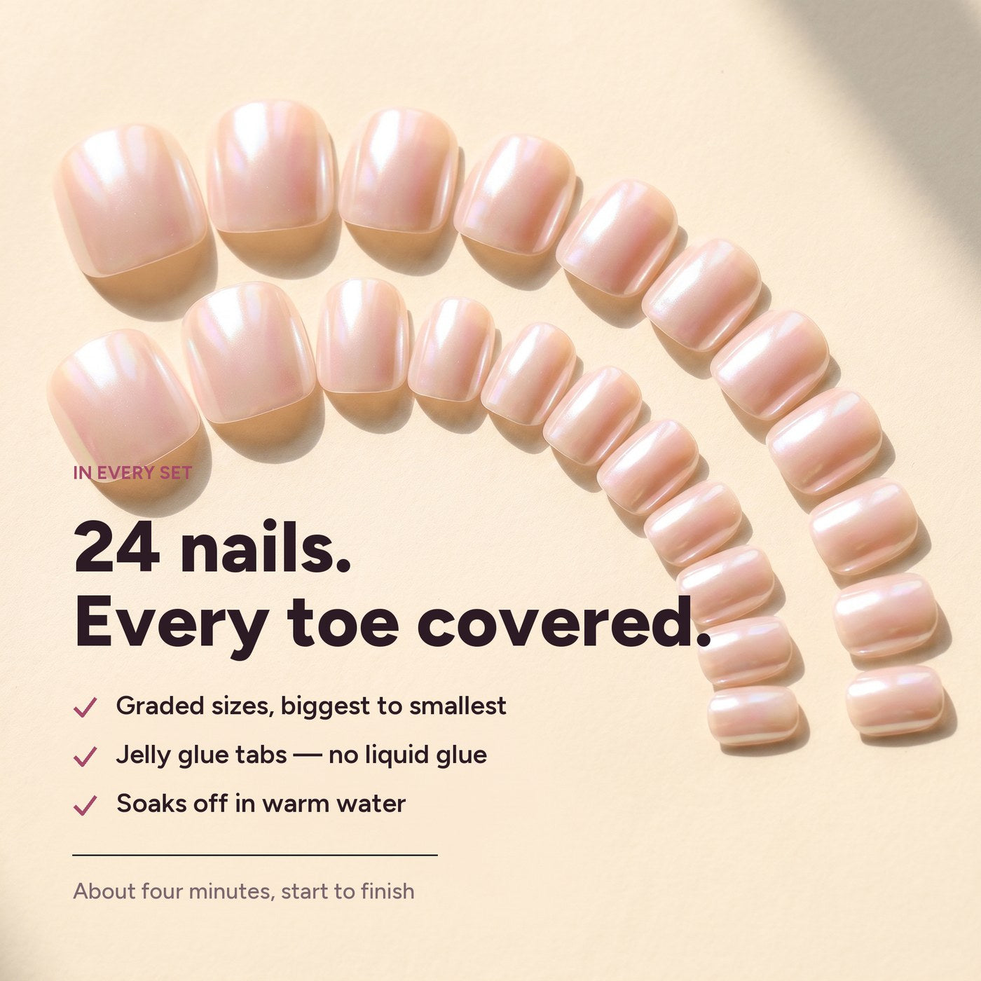 The 24 nails laid out in graded sizes, with the set contents listed