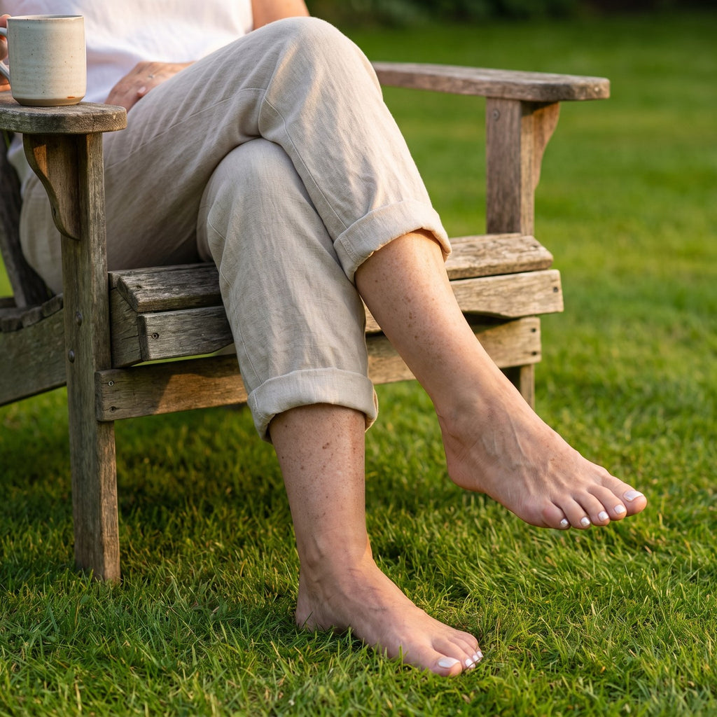 A woman in her sixties in a garden chair, bare feet on the grass, toenails done