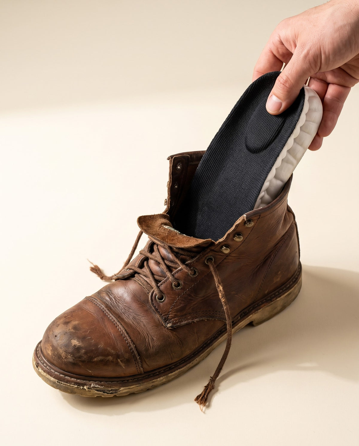 Cloud Insole being fitted into a worn leather work boot