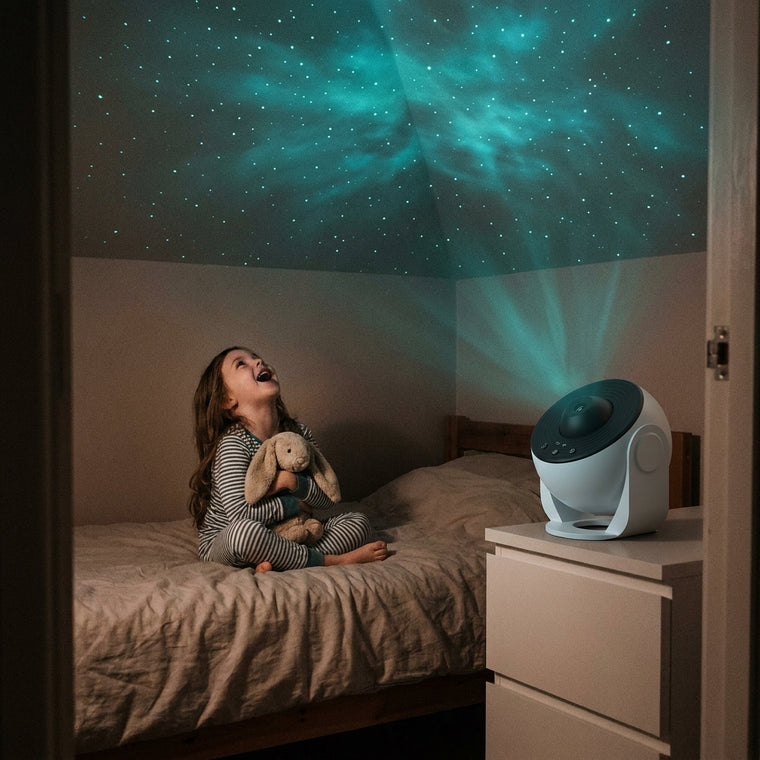Young girl sitting up in bed with a stuffed toy, laughing at the stars projected on her ceiling