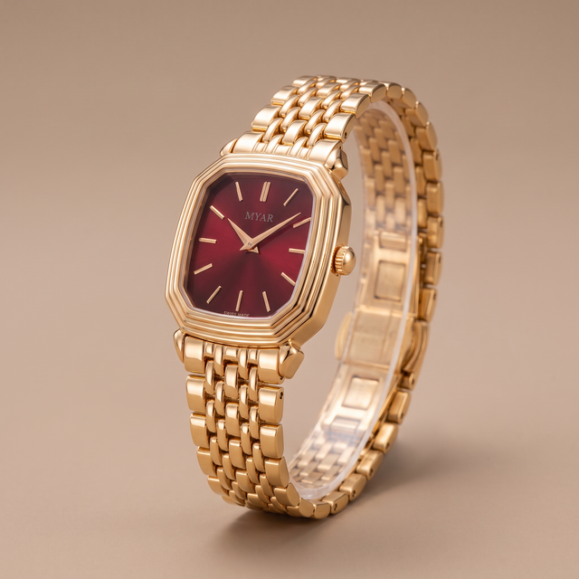 MYAR Vintage Watch in gold with a cherry red dial and woven link bracelet, studio shot