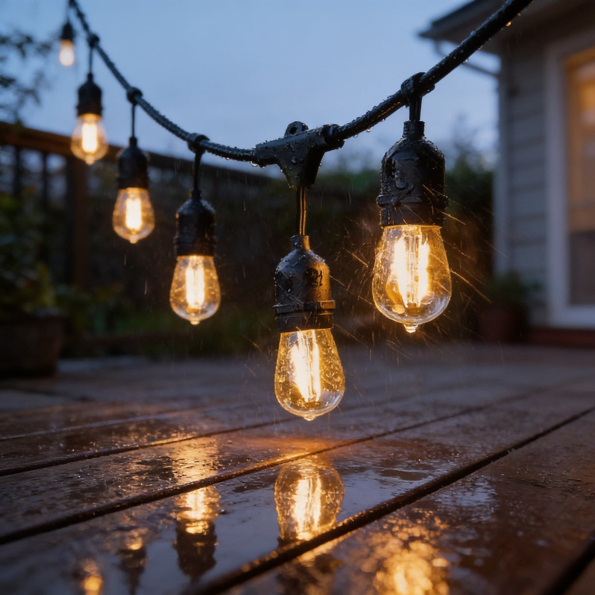 Commercial S14 string lights on weatherproof drop sockets over a wet patio in the rain