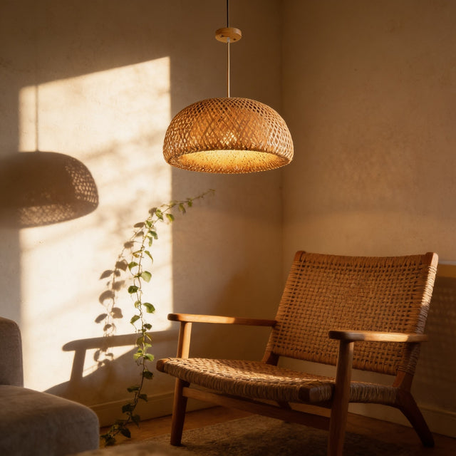 Woven bamboo pendant light casting basket-weave shadows above a rattan chair