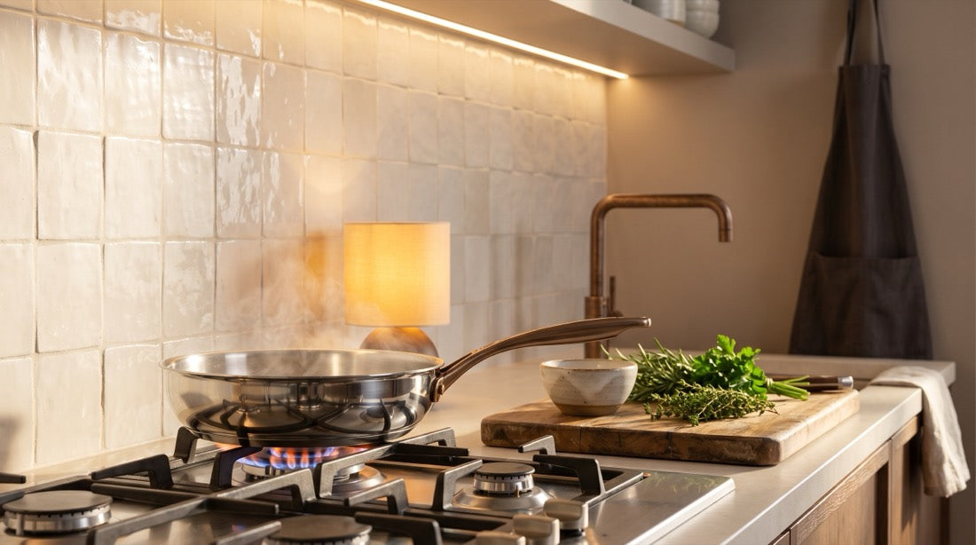 Stainless steel pan steaming on a lit hob