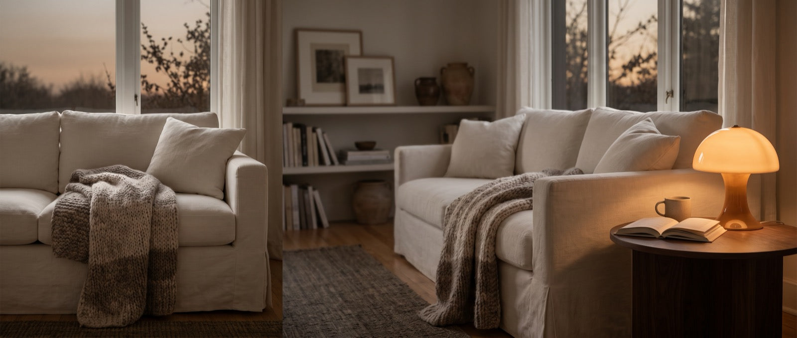 Warm living room at dusk with a glowing table lamp